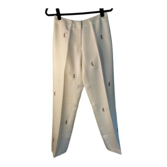 Vtg 80s Raw Silk J. McLaughlin Pants Hand Embroidered Hula Dancers Cream‎ - Picture 1 of 9